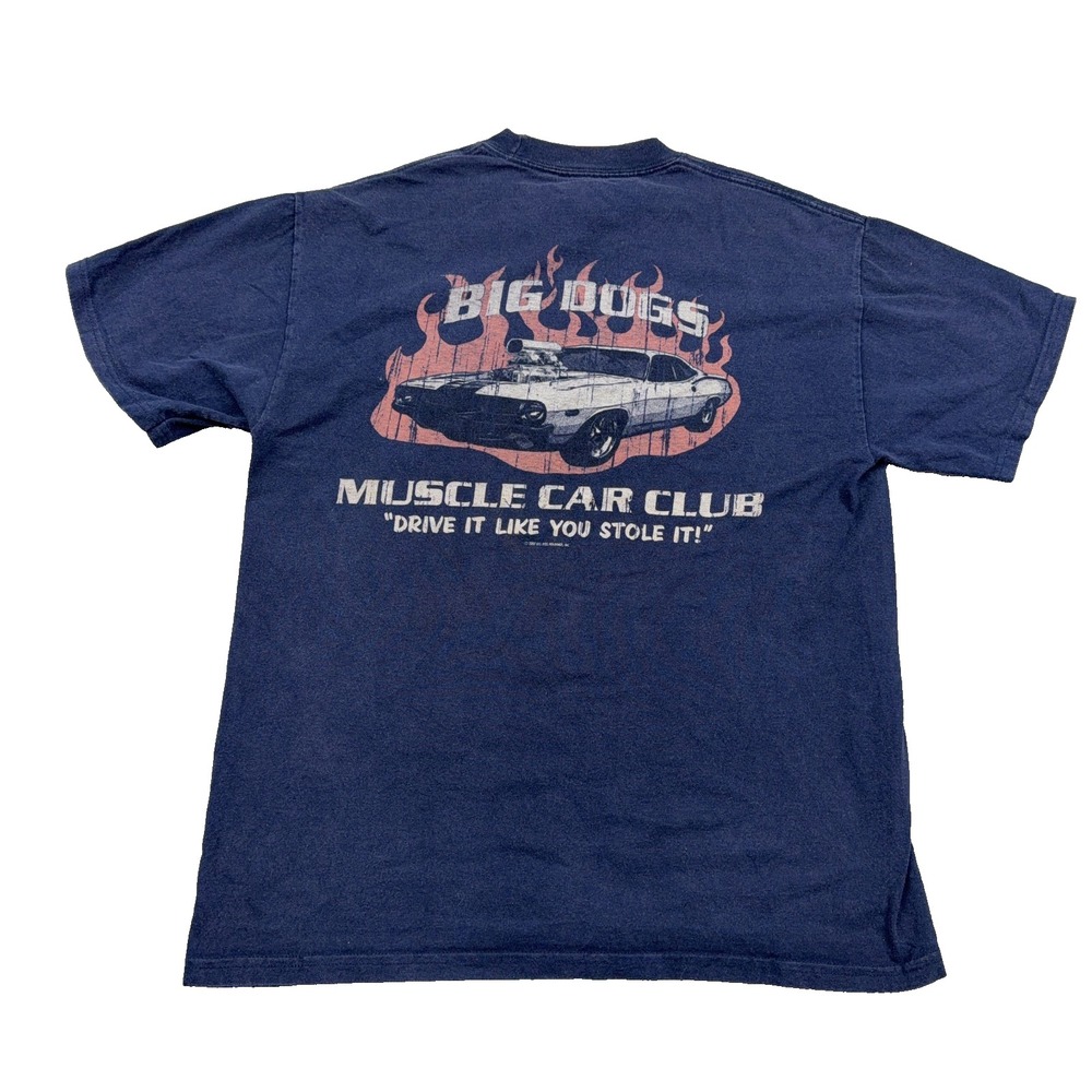 Vintage Big Dogs Shirt Men Small Blue Y2K Muscle Car Club Fire Flames Faded